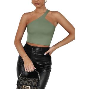 imageREORIA Womens Trendy Sexy One Shoulder Double Lined Seamless Backless Sleeveless Going Out Trendy Crop Tank TopsDark Green