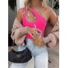 imageREORIA Butsmooth Womens Trendy Sexy Plunge One Shoulder Sleeveless V Backless Going Out Tank Bodysuits TopsNeon Rose Red