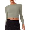 imageREORIA Womens Long Sleeve Crew Neck Double Layer Crop Top 2025 FallWinter Designer CollectionGrayish Green