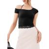 imageREORIA Womens OffShoulder Halter Short Sleeve TShirt Lace Trim Crop Top 2025 SpringSummer Designer CollectionBlack Onyx