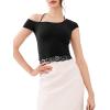imageREORIA Womens OffShoulder Halter Short Sleeve TShirt Lace Trim Crop Top 2025 SpringSummer Designer CollectionBlack Onyx