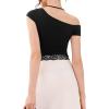 imageREORIA Womens OffShoulder Halter Short Sleeve TShirt Lace Trim Crop Top 2025 SpringSummer Designer CollectionBlack Onyx