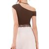 imageREORIA Womens OffShoulder Halter Short Sleeve TShirt Lace Trim Crop Top 2025 SpringSummer Designer CollectionShaved Chocolate