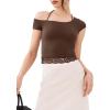 imageREORIA Womens OffShoulder Halter Short Sleeve TShirt Lace Trim Crop Top 2025 SpringSummer Designer CollectionShaved Chocolate