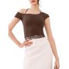 imageREORIA Womens OffShoulder Halter Short Sleeve TShirt Lace Trim Crop Top 2025 SpringSummer Designer CollectionShaved Chocolate