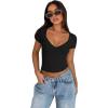 imageREORIA Womens Sexy V Neck Short Sleeve TShirt Double Lined Seamed Cup Going Out Fitted Basic TopsBlack