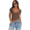 imageREORIA Womens Sexy V Neck Short Sleeve TShirt Double Lined Seamed Cup Going Out Fitted Basic TopsBrown