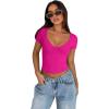 imageREORIA Womens Sexy V Neck Short Sleeve TShirt Double Lined Seamed Cup Going Out Fitted Basic TopsPink