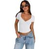 imageREORIA Womens Sexy V Neck Short Sleeve TShirt Double Lined Seamed Cup Going Out Fitted Basic TopsWhite