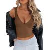 imageREORIA Womens Summer Sexy Deep V Neck Sleeveless Slim Fit Trendy Y2k Corset Cami Crop Tank TopsCoffee