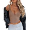 imageREORIA Womens Summer Sexy Deep V Neck Sleeveless Slim Fit Trendy Y2k Corset Cami Crop Tank TopsKhaki