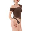 imageREORIA Womens OffShoulder Halter Short Sleeve TShirt Lace Trim Crop Top 2025 SpringSummer Designer CollectionShaved Chocolate