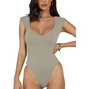 imageREORIA Butsmooth Womens Trendy Sexy Casual V Neck Double Lined Sleeveless Slimming Going Out Tank Top BodysuitsAntique Pewter
