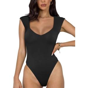 imageREORIA Butsmooth Womens Trendy Sexy Casual V Neck Double Lined Sleeveless Slimming Going Out Tank Top BodysuitsBlack