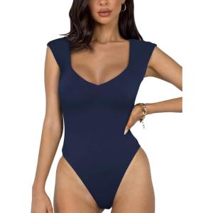 imageREORIA Butsmooth Womens Trendy Sexy Casual V Neck Double Lined Sleeveless Slimming Going Out Tank Top BodysuitsBlue