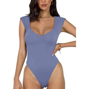 imageREORIA Butsmooth Womens Trendy Sexy Casual V Neck Double Lined Sleeveless Slimming Going Out Tank Top BodysuitsBlue Nova