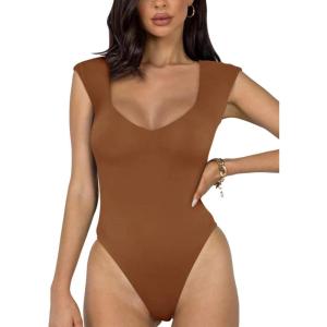 imageREORIA Butsmooth Womens Trendy Sexy Casual V Neck Double Lined Sleeveless Slimming Going Out Tank Top BodysuitsBrown