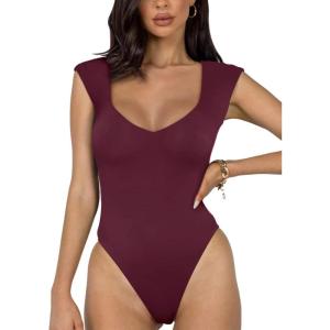 imageREORIA Butsmooth Womens Trendy Sexy Casual V Neck Double Lined Sleeveless Slimming Going Out Tank Top BodysuitsBurgundy