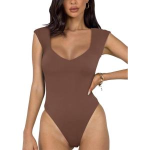 imageREORIA Butsmooth Womens Trendy Sexy Casual V Neck Double Lined Sleeveless Slimming Going Out Tank Top BodysuitsCoffee