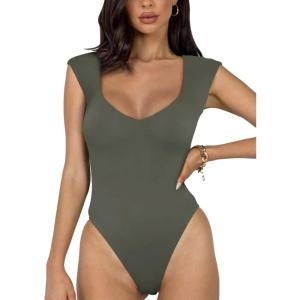 imageREORIA Butsmooth Womens Trendy Sexy Casual V Neck Double Lined Sleeveless Slimming Going Out Tank Top BodysuitsGrey Green