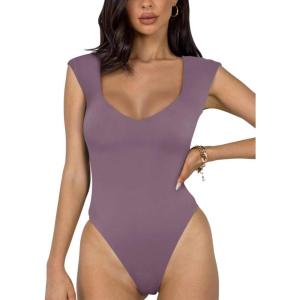 imageREORIA Butsmooth Womens Trendy Sexy Casual V Neck Double Lined Sleeveless Slimming Going Out Tank Top BodysuitsGrey Purple