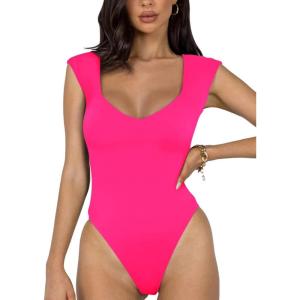 imageREORIA Butsmooth Womens Trendy Sexy Casual V Neck Double Lined Sleeveless Slimming Going Out Tank Top BodysuitsNeon Rose Red
