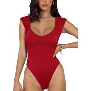 imageREORIA Butsmooth Womens Trendy Sexy Casual V Neck Double Lined Sleeveless Slimming Going Out Tank Top BodysuitsRed