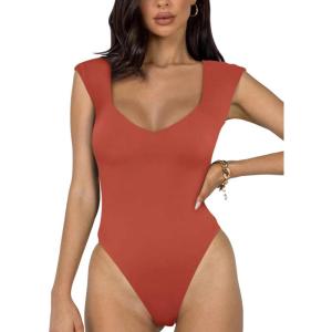 imageREORIA Butsmooth Womens Trendy Sexy Casual V Neck Double Lined Sleeveless Slimming Going Out Tank Top BodysuitsRusty Red