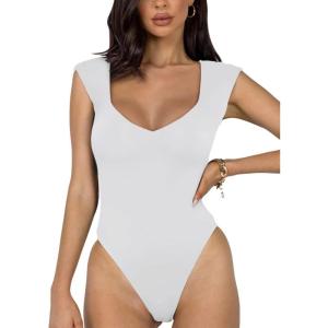 imageREORIA Butsmooth Womens Trendy Sexy Casual V Neck Double Lined Sleeveless Slimming Going Out Tank Top BodysuitsWhite