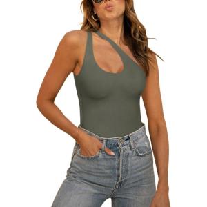 imageREORIA Butsmooth Womens Trendy Sexy Plunge One Shoulder Sleeveless V Backless Going Out Tank Bodysuits TopsGrey Green