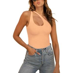 imageREORIA Butsmooth Womens Trendy Sexy Plunge One Shoulder Sleeveless V Backless Going Out Tank Bodysuits TopsPeach Fuzz