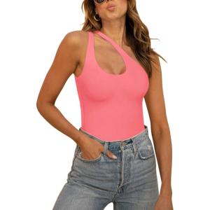 imageREORIA Butsmooth Womens Trendy Sexy Plunge One Shoulder Sleeveless V Backless Going Out Tank Bodysuits TopsPeach Pink