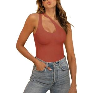 imageREORIA Butsmooth Womens Trendy Sexy Plunge One Shoulder Sleeveless V Backless Going Out Tank Bodysuits TopsRusty Red