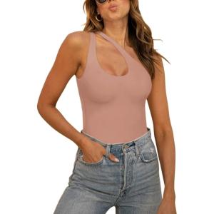 imageREORIA Butsmooth Womens Trendy Sexy Plunge One Shoulder Sleeveless V Backless Going Out Tank Bodysuits TopsSienna