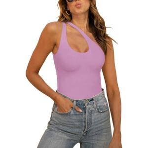 imageREORIA Butsmooth Womens Trendy Sexy Plunge One Shoulder Sleeveless V Backless Going Out Tank Bodysuits TopsViolet