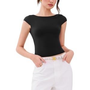 imageREORIA Womens Backless Tie Boat Neck Short Sleeve TShirt Tops Elegant Slim Fit Top 2025 SpringSummer Designer CollectionBlack Onyx