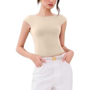 imageREORIA Womens Backless Tie Boat Neck Short Sleeve TShirt Tops Elegant Slim Fit Top 2025 SpringSummer Designer CollectionButtercream