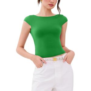 imageREORIA Womens Backless Tie Boat Neck Short Sleeve TShirt Tops Elegant Slim Fit Top 2025 SpringSummer Designer CollectionKelly Green