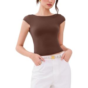 imageREORIA Womens Backless Tie Boat Neck Short Sleeve TShirt Tops Elegant Slim Fit Top 2025 SpringSummer Designer CollectionShaved Chocolate