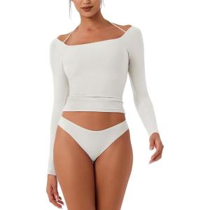 imageREORIA Womens Long Sleeve Square Neck Top Double Layer Reversible Sexy Crop Tops 2025 FallWinter Designer CollectionOffwhite