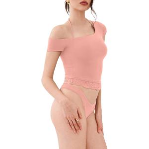 imageREORIA Womens OffShoulder Halter Short Sleeve TShirt Lace Trim Crop Top 2025 SpringSummer Designer CollectionPink Dolphin