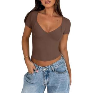 imageREORIA Womens Sexy V Neck Short Sleeve TShirt Double Lined Seamed Cup Going Out Fitted Basic TopsBrown