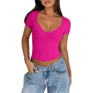 imageREORIA Womens Sexy V Neck Short Sleeve TShirt Double Lined Seamed Cup Going Out Fitted Basic TopsPink