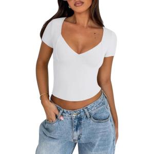 imageREORIA Womens Sexy V Neck Short Sleeve TShirt Double Lined Seamed Cup Going Out Fitted Basic TopsWhite
