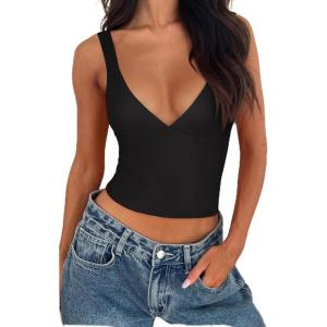 imageREORIA Womens Summer Sexy Deep V Neck Sleeveless Slim Fit Trendy Y2k Corset Cami Crop Tank TopsBlack