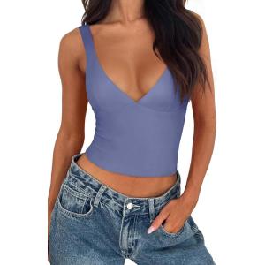 imageREORIA Womens Summer Sexy Deep V Neck Sleeveless Slim Fit Trendy Y2k Corset Cami Crop Tank TopsBlue Nova