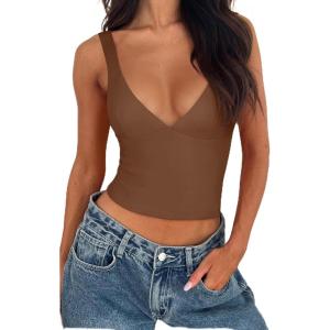 imageREORIA Womens Summer Sexy Deep V Neck Sleeveless Slim Fit Trendy Y2k Corset Cami Crop Tank TopsCoffee