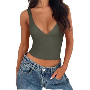 imageREORIA Womens Summer Sexy Deep V Neck Sleeveless Slim Fit Trendy Y2k Corset Cami Crop Tank TopsGrey Green