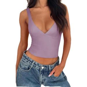 imageREORIA Womens Summer Sexy Deep V Neck Sleeveless Slim Fit Trendy Y2k Corset Cami Crop Tank TopsHazy Lilac