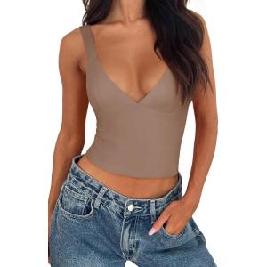 imageREORIA Womens Summer Sexy Deep V Neck Sleeveless Slim Fit Trendy Y2k Corset Cami Crop Tank TopsKhaki
